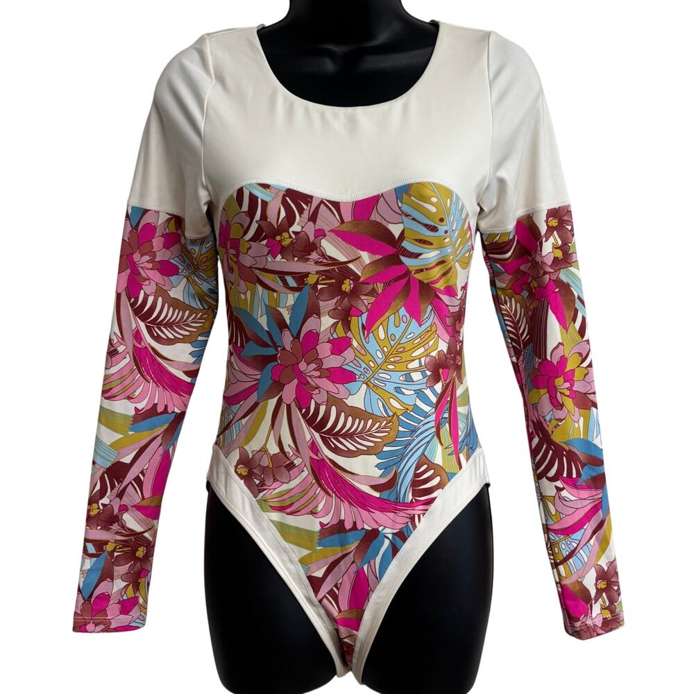 Hurley Womens One Piece Swimsuit Medium Floral Long Sleeve Cutout Surf Suit New - Picture 1 of 9